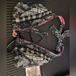 Betsey Johnson Black and White Lace Bikini Top with Pink Accents